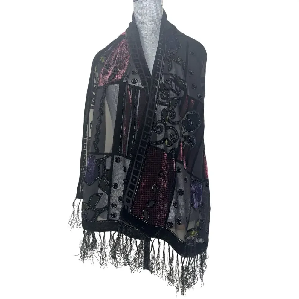 Vtg Silk Devore Burnout Velvet Fringed Shawl Scarf Art Nouveau Floral Boho